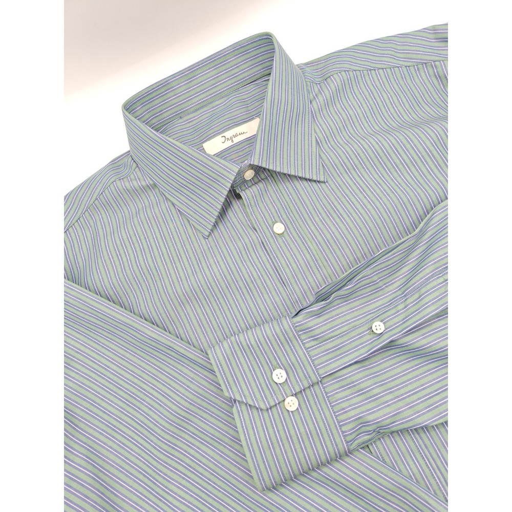 Ingram Mens Dress Shirt 17.5x35 Green Blue Stripe Cotton Regular Fit Long Sleeve